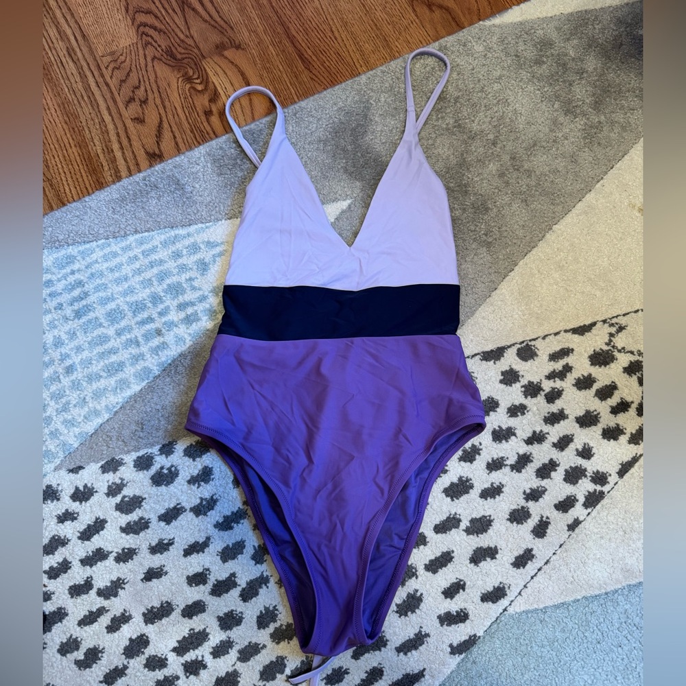 aerie Lavender and Purple One-Piece Swimsuit with Black Waistband